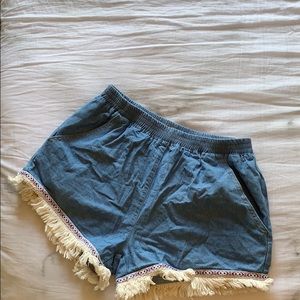 BLUE TRIBAL FRINGE SHORTS